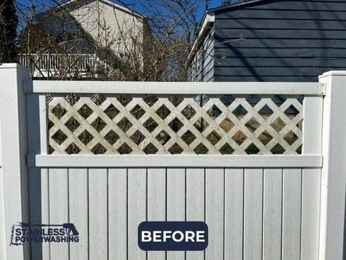 Before image of a wooden fence with a lattice top, showcasing dirt and wear.