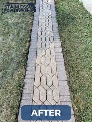 Cleaned hexagon-patterned stone walkway after power washing, showcasing improved appearance.