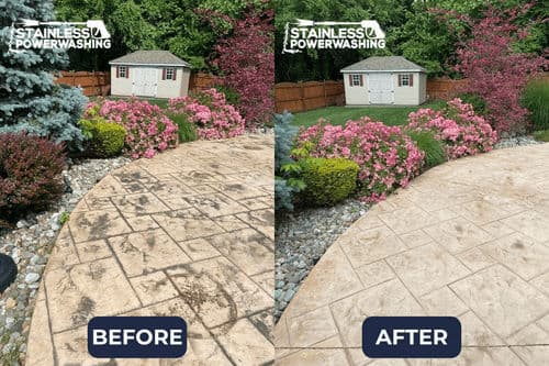 Power washing before and after on a stamped concrete patio with vibrant landscaping.