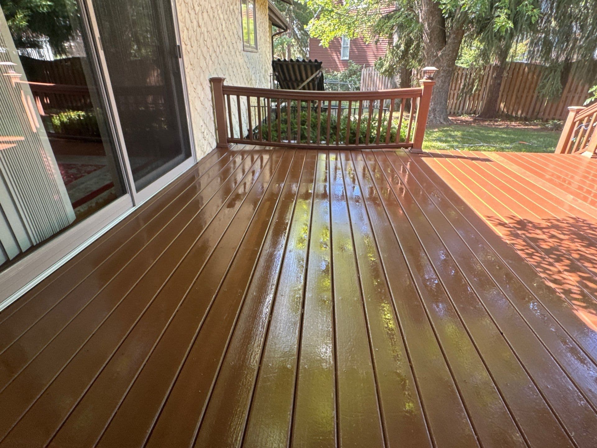 Shiny wooden deck with sunlight reflections, surrounded by greenery and a home backdrop.