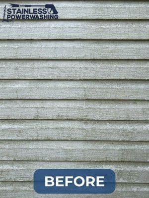 Before image of dirty siding showing grime and discoloration, highlighting cleaning need.