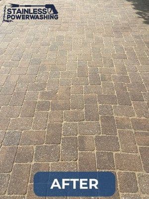 Clean brick pavers after power washing by Stainless Powerwashing, showcasing restored appearance.