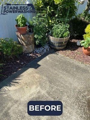 Before power washing, showing a concrete patio surrounded by plants and garden accessories.