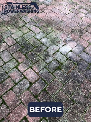 Before image of a stained brick driveway showing moss and dirt before power washing.